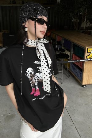Trendy Korean Casual Loose-Fit Dog Print Summer Short-Sleeve T-Shirt - Versatile Pure Cotton Top for Instagram Style