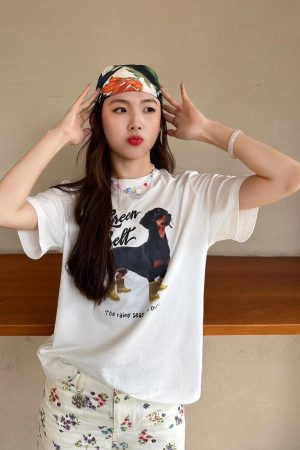 Trendy Korean Casual Loose-Fit Dog Print Summer Short-Sleeve T-Shirt - Versatile Pure Cotton Top for Instagram Style