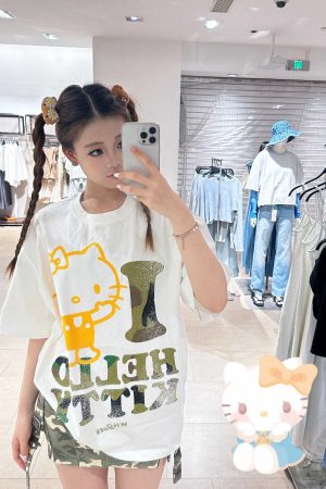 Trendy Korean Style Cute Kitty Casual Loose Heavyweight Pure Cotton Short Sleeve T-Shirt for Comfortable Everyday Wear