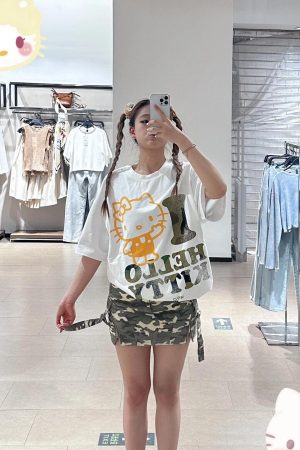 Trendy Korean Style Cute Kitty Casual Loose Heavyweight Pure Cotton Short Sleeve T-Shirt for Comfortable Everyday Wear