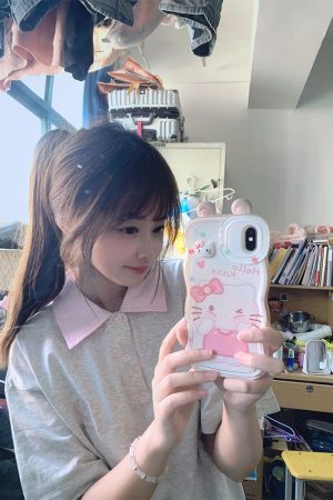 Trendy Korean Style Embroidered Patchwork Plaid Polo Short Sleeve T-Shirt for Women - Summer College Fashion in Gray