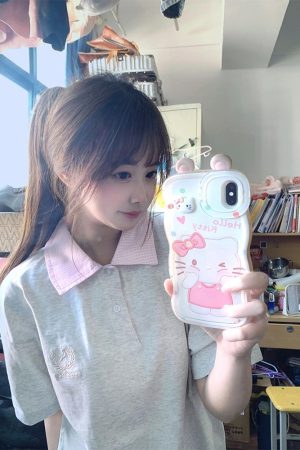 Trendy Korean Style Embroidered Patchwork Plaid Polo Short Sleeve T-Shirt for Women - Summer College Fashion in Gray