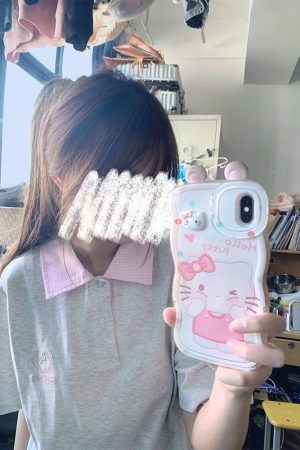 Trendy Korean Style Embroidered Patchwork Plaid Polo Short Sleeve T-Shirt for Women - Summer College Fashion in Gray