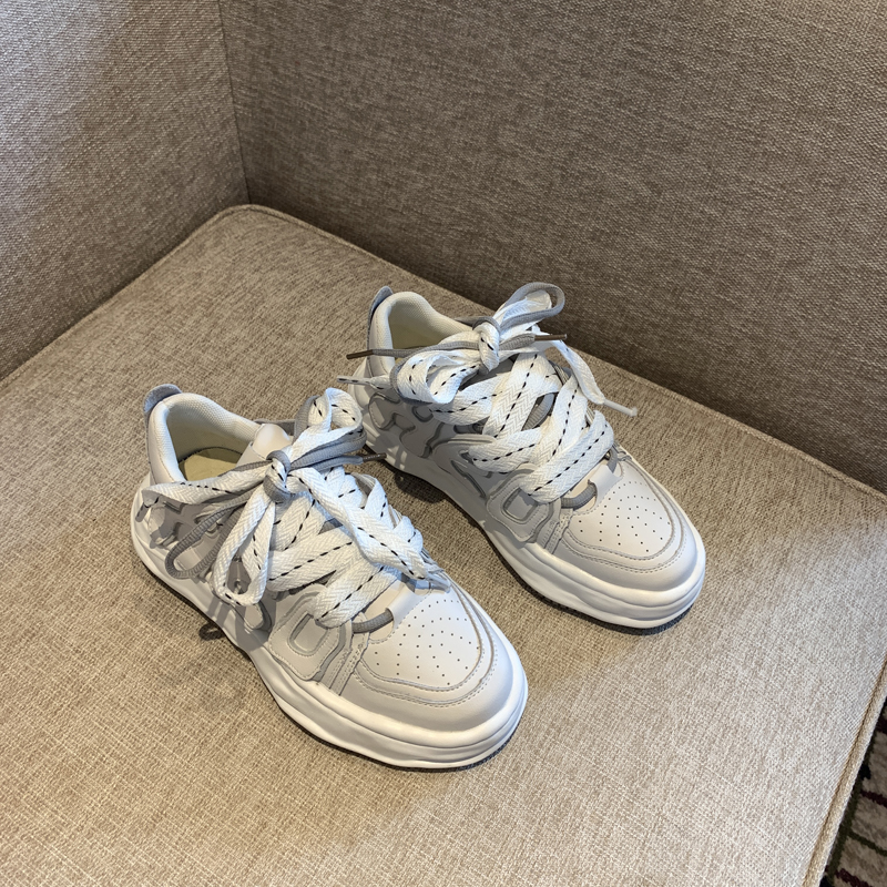 Trendy Lace-Up Casual Sneakers for Women - Versatile Thick-Soled Genuine Leather White Shoes for Spring 2025 Trendy Lace-Up Casual Sneakers for Women - Versatile Thick-Soled Genuine Leather White Shoes for Spring 2025