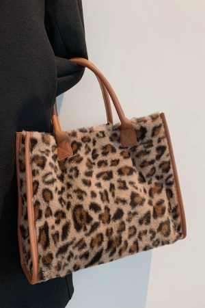 Trendy Large Capacity Leopard Print Fluffy Tote Handbag for Women - Versatile Elegant Shoulder Bag 2025