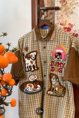 Trendy Loose Fit Short Sleeve Shirt for Women with Dog Embroidery and Plaid Cartoon Patchwork - Vintage 90s Style