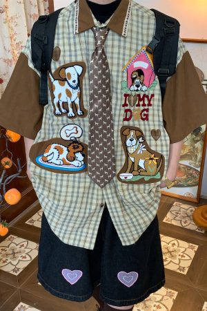 Trendy Loose Fit Short Sleeve Shirt for Women with Dog Embroidery and Plaid Cartoon Patchwork - Vintage 90s Style