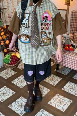 Trendy Loose Fit Short Sleeve Shirt for Women with Dog Embroidery and Plaid Cartoon Patchwork - Vintage 90s Style