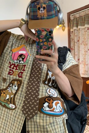 Trendy Loose Fit Short Sleeve Shirt for Women with Dog Embroidery and Plaid Cartoon Patchwork - Vintage 90s Style