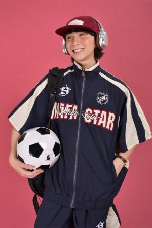 Trendy Military Style Windbreaker Sports Suit for Couples - Retro Casual Two-Piece Set for Summer Fashion