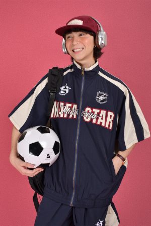 Trendy Military Style Windbreaker Sports Suit for Couples - Retro Casual Two-Piece Set for Summer Fashion