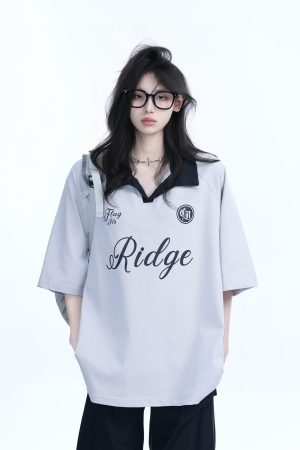 Trendy Oversized American College Style Sports T-Shirt for Women - Short Sleeve Polo, Casual Relaxed Fit, Y2K Fashion