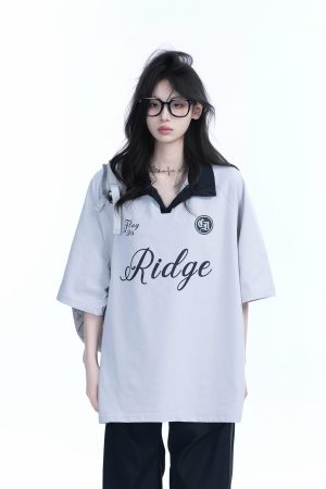 Trendy Oversized American College Style Sports T-Shirt for Women - Short Sleeve Polo, Casual Relaxed Fit, Y2K Fashion