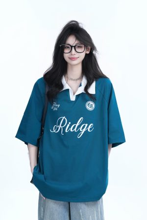 Trendy Oversized American College Style Sports T-Shirt for Women - Short Sleeve Polo, Casual Relaxed Fit, Y2K Fashion