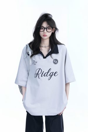 Trendy Oversized American College Style Sports T-Shirt for Women - Short Sleeve Polo, Casual Relaxed Fit, Y2K Fashion