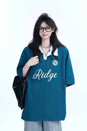 Trendy Oversized American College Style Sports T-Shirt for Women - Short Sleeve Polo, Casual Relaxed Fit, Y2K Fashion