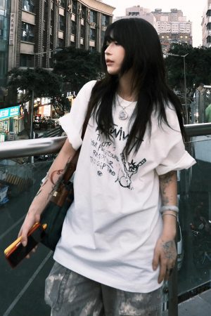 Trendy Oversized White T-Shirt for Women - Summer Graffiti Print Half Sleeve American Style Heavyweight Top