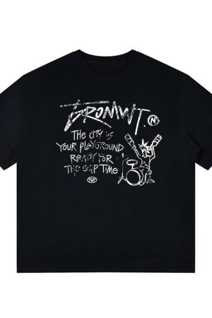 Trendy Oversized White T-Shirt for Women - Summer Graffiti Print Half Sleeve American Style Heavyweight Top