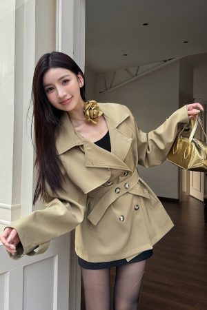 Trendy Short-Waisted Windbreaker Coat for Women with Collar, Long Sleeves, and Waist Tie - Casual Cardigan Style