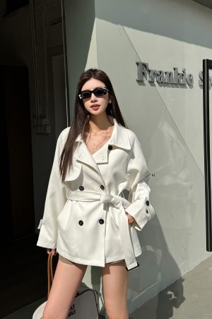 Trendy Short-Waisted Windbreaker Coat for Women with Collar, Long Sleeves, and Waist Tie - Casual Cardigan Style