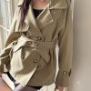 Trendy Short-Waisted Windbreaker Coat for Women with Collar, Long Sleeves, and Waist Tie - Casual Cardigan Style