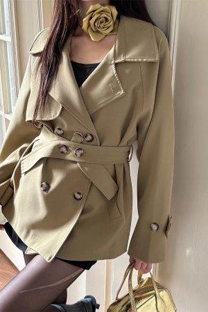 Trendy Short-Waisted Windbreaker Coat for Women with Collar, Long Sleeves, and Waist Tie - Casual Cardigan Style