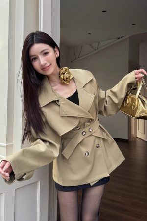 Trendy Short-Waisted Windbreaker Coat for Women with Collar, Long Sleeves, and Waist Tie - Casual Cardigan Style