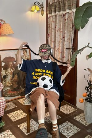 Trendy Spliced Striped Fake Two-Piece Short Sleeve Polo Shirt with Letter Embroidery for Men and Women - Vintage 90s Style