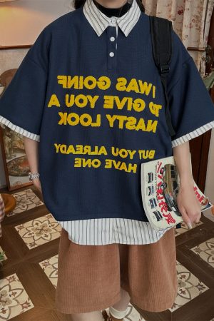 Trendy Spliced Striped Fake Two-Piece Short Sleeve Polo Shirt with Letter Embroidery for Men and Women - Vintage 90s Style