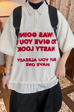 Trendy Spliced Striped Fake Two-Piece Short Sleeve Polo Shirt with Letter Embroidery for Men and Women - Vintage 90s Style