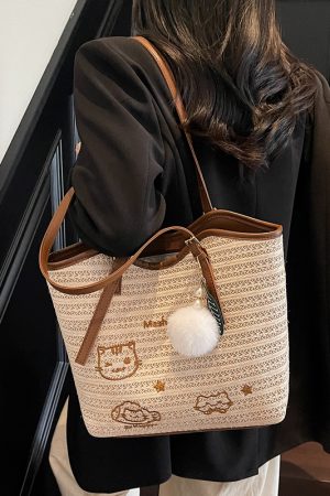 Trendy Summer Woven Tote Bag for Women, Embroidered Shoulder Bag, Large Capacity Fashionable Handbag 2025