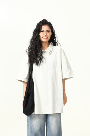 Trendy Unisex Half-Zip Metal Polo Shirt - Short Sleeve American Streetwear Top for Couples, Y2K Style Fashion Essential