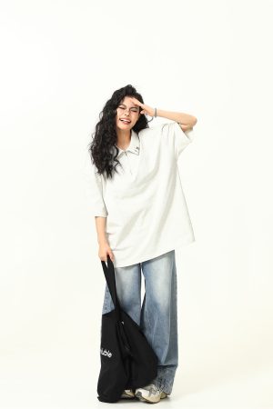 Trendy Unisex Half-Zip Metal Polo Shirt - Short Sleeve American Streetwear Top for Couples, Y2K Style Fashion Essential