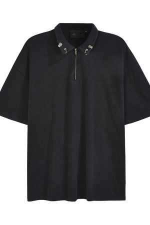 Trendy Unisex Half-Zip Metal Polo Shirt - Short Sleeve American Streetwear Top for Couples, Y2K Style Fashion Essential