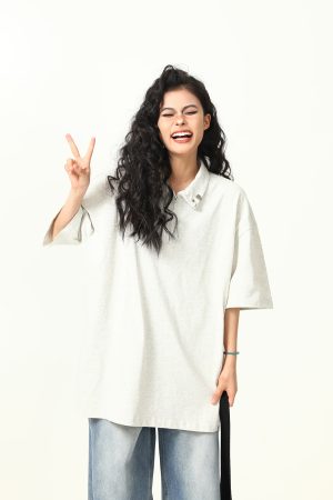 Trendy Unisex Half-Zip Metal Polo Shirt - Short Sleeve American Streetwear Top for Couples, Y2K Style Fashion Essential