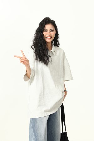 Trendy Unisex Half-Zip Metal Polo Shirt - Short Sleeve American Streetwear Top for Couples, Y2K Style Fashion Essential