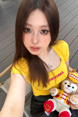 Trendy Women's American Big Collar T-Shirt, Summer Letter Print, Short Sleeve Fitted Crop Top, Y2K Style