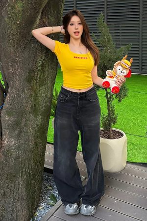 Trendy Women's American Big Collar T-Shirt, Summer Letter Print, Short Sleeve Fitted Crop Top, Y2K Style