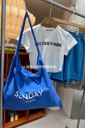 Trendy Women's Blue Striped Canvas Shoulder Bag, Large Capacity, Blogger-Inspired Letter Pattern, Commuting Style