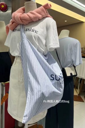 Trendy Women's Blue Striped Canvas Shoulder Bag, Large Capacity, Blogger-Inspired Letter Pattern, Commuting Style