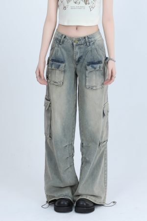 Trendy Women's High Street Cargo Pants, Unique Loose Wide-Leg Design, American Style, Casual Streetwear Fashion