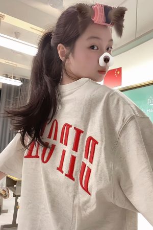 Trendy Women's High Street Embroidered Letter Short Sleeve T-Shirt in White and Gray - Heavyweight American Style Top