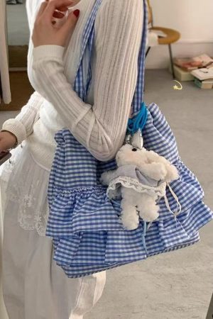 Trendy Women's Plaid Canvas Tote Bag, Cute College Style, 2025 Fashion, Korean Large Capacity Lace Detail Bag