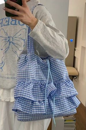 Trendy Women's Plaid Canvas Tote Bag, Cute College Style, 2025 Fashion, Korean Large Capacity Lace Detail Bag