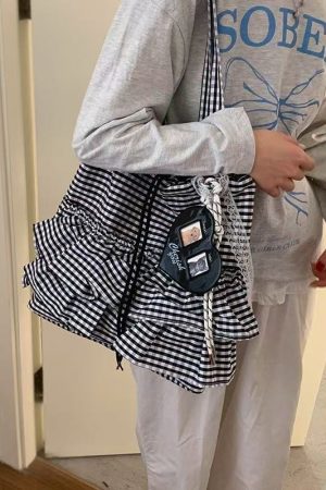 Trendy Women's Plaid Canvas Tote Bag, Cute College Style, 2025 Fashion, Korean Large Capacity Lace Detail Bag