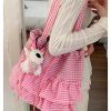 Trendy Women's Plaid Canvas Tote Bag, Cute College Style, 2025 Fashion, Korean Large Capacity Lace Detail Bag