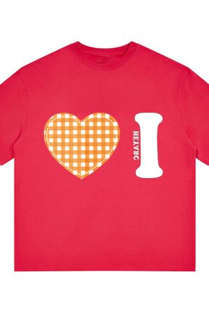 Trendy Women's Summer Short Sleeve Plaid Heart Print T-Shirt - Slim Fit Round Neck Top for a Chic American Style Look