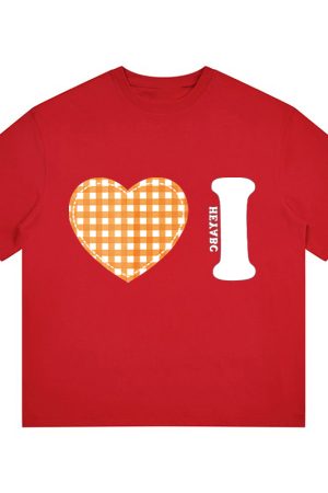Trendy Women's Summer Short Sleeve Plaid Heart Print T-Shirt - Slim Fit Round Neck Top for a Chic American Style Look