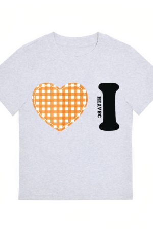 Trendy Women's Summer Short Sleeve Plaid Heart Print T-Shirt - Slim Fit Round Neck Top for a Chic American Style Look