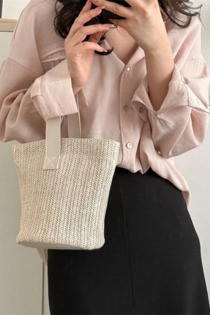 Trendy Woven Beach Bucket Bag - Casual Tote for Women, Handheld Vacation Bag, Perfect for Summer and Coastal Getaways